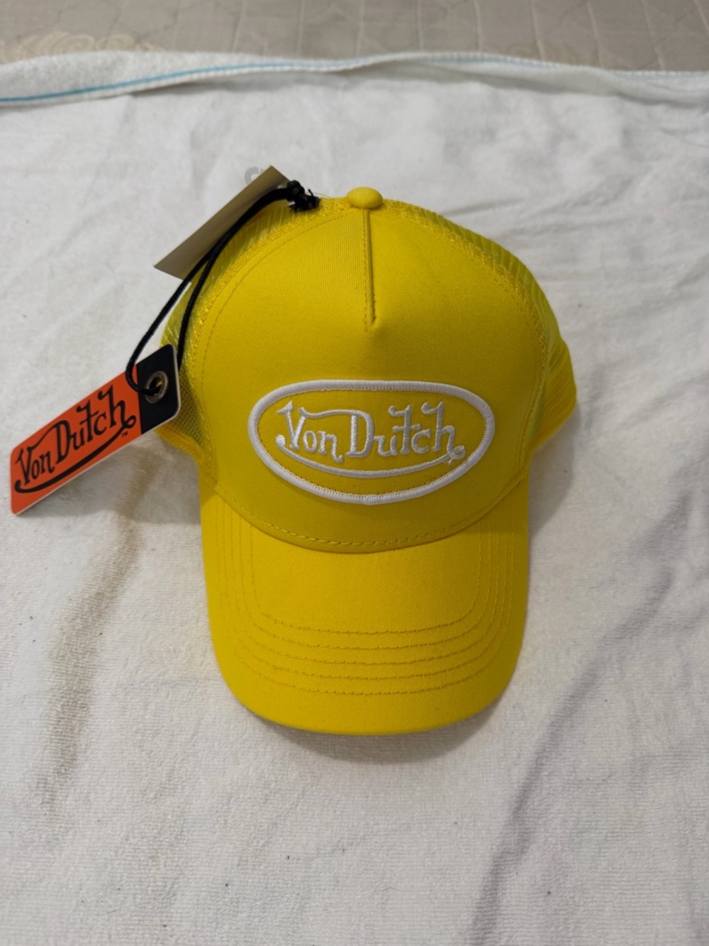 Von Dutch Yellow Mesh Trucker Hat with Orange Hang Tag
